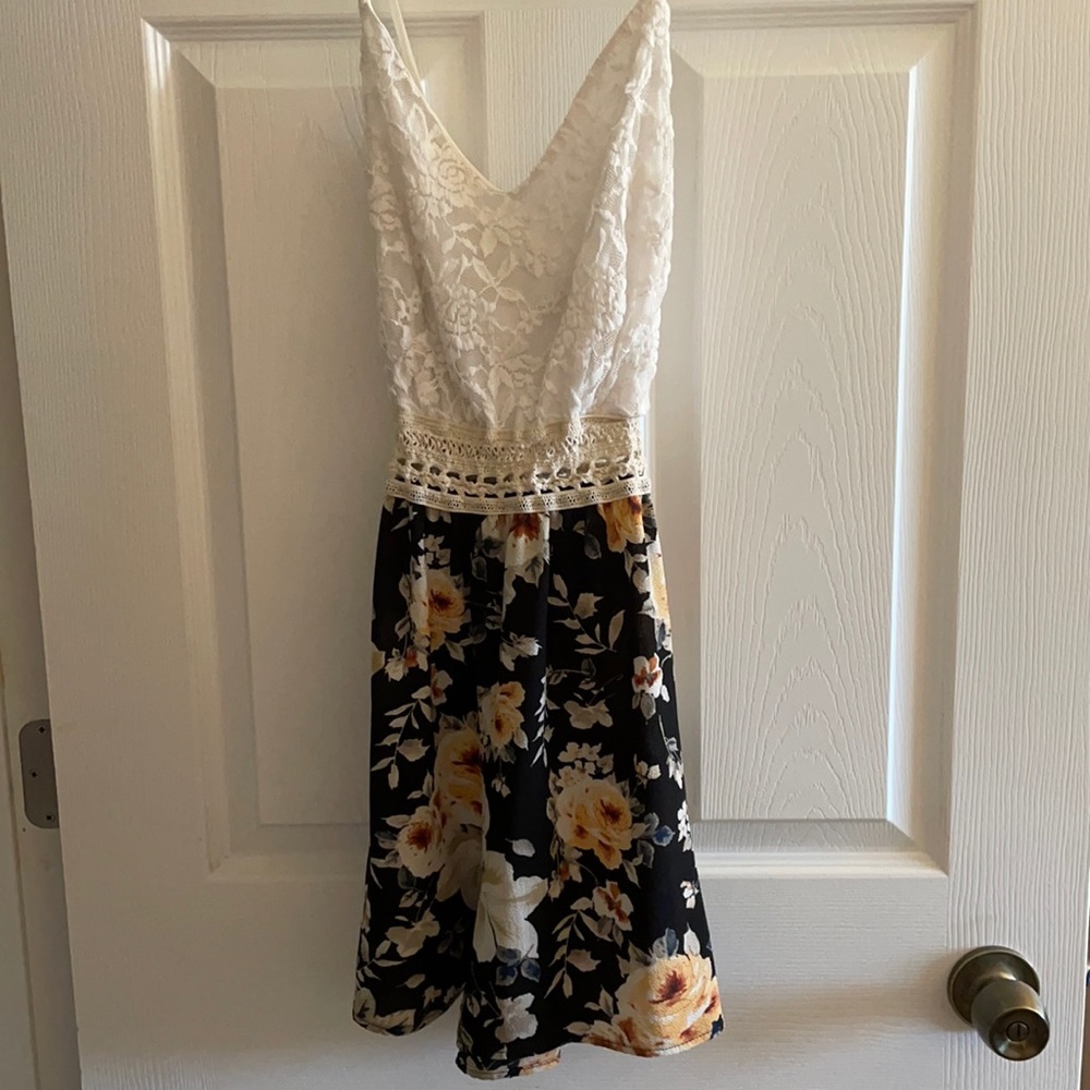 White and black floral and lace romper, size L